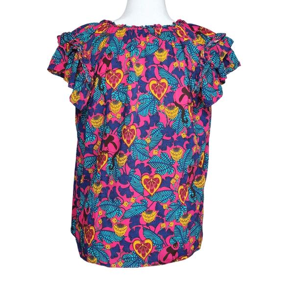 Rose + Olive Tropical Monkey Print Boho Tassel Flutter Sleeve Blouse Size L - Picture 4 of 8